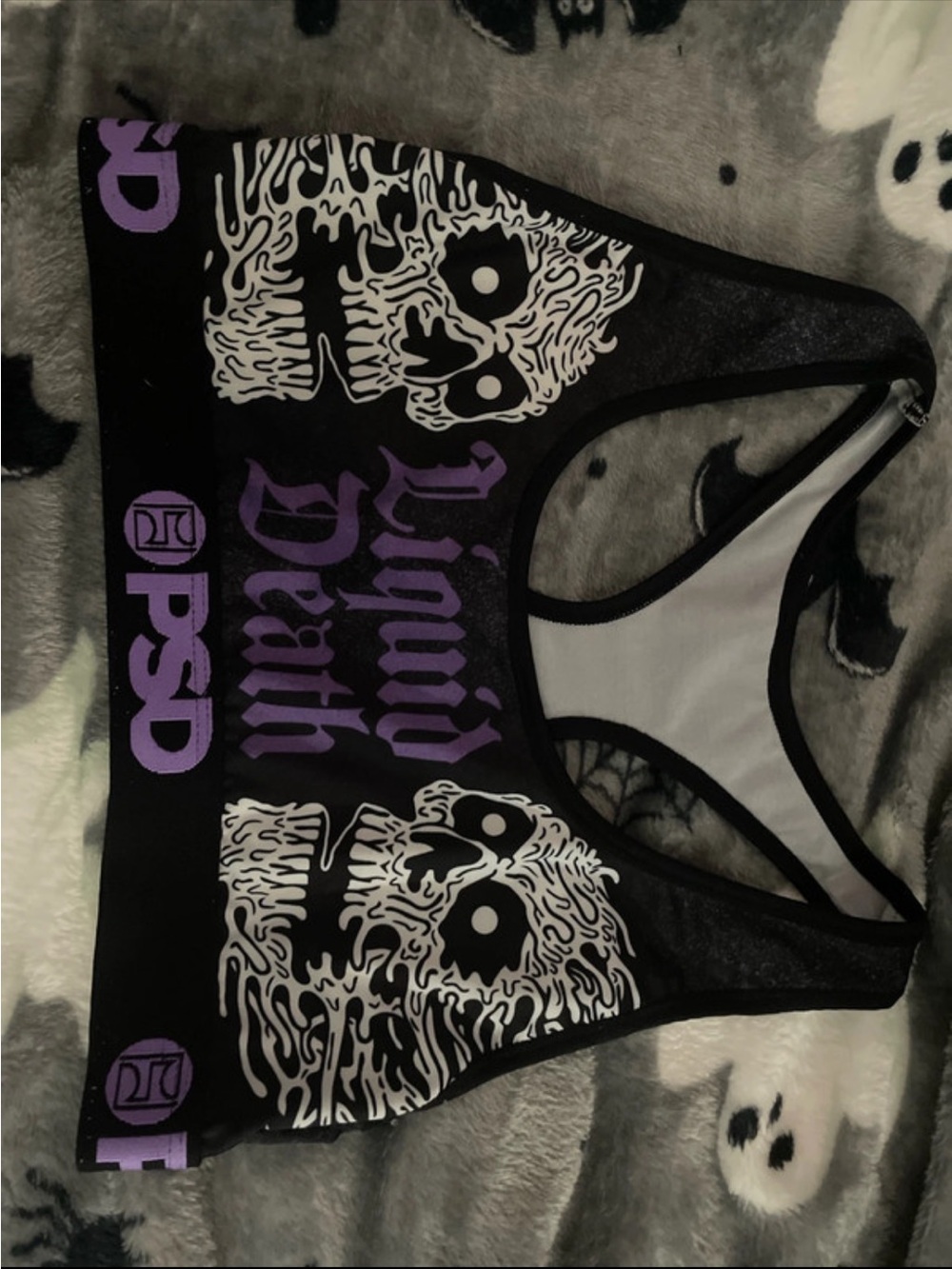 PSD LiquidDeath Black & Purple Graphic Racerback Sports Bra